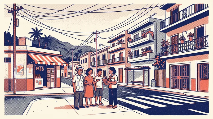 Ilustración: una censista con su tabla conversa con vecinos en la acera de una avenida urbana de Puerto Rico, con edificios de concreto, postes eléctricos, un colmado y una parada de guagua.