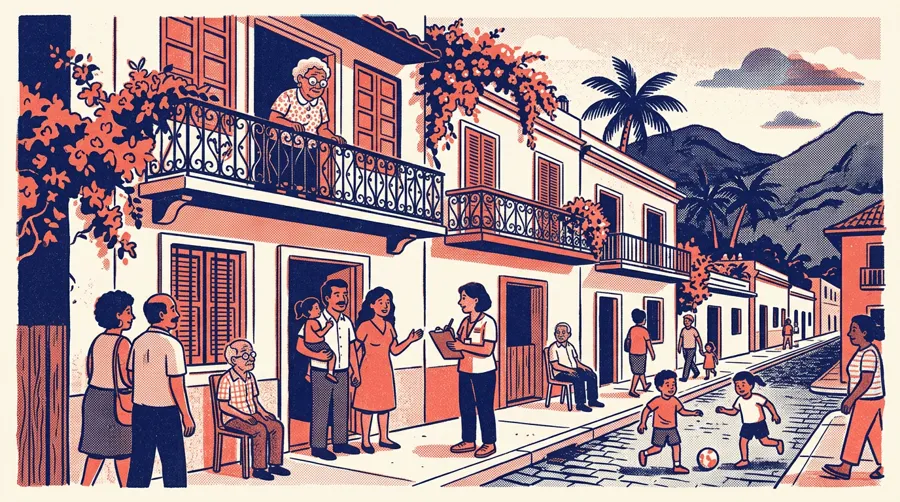 Ilustración: una censista conversa con vecinos en una calle de Puerto Rico.