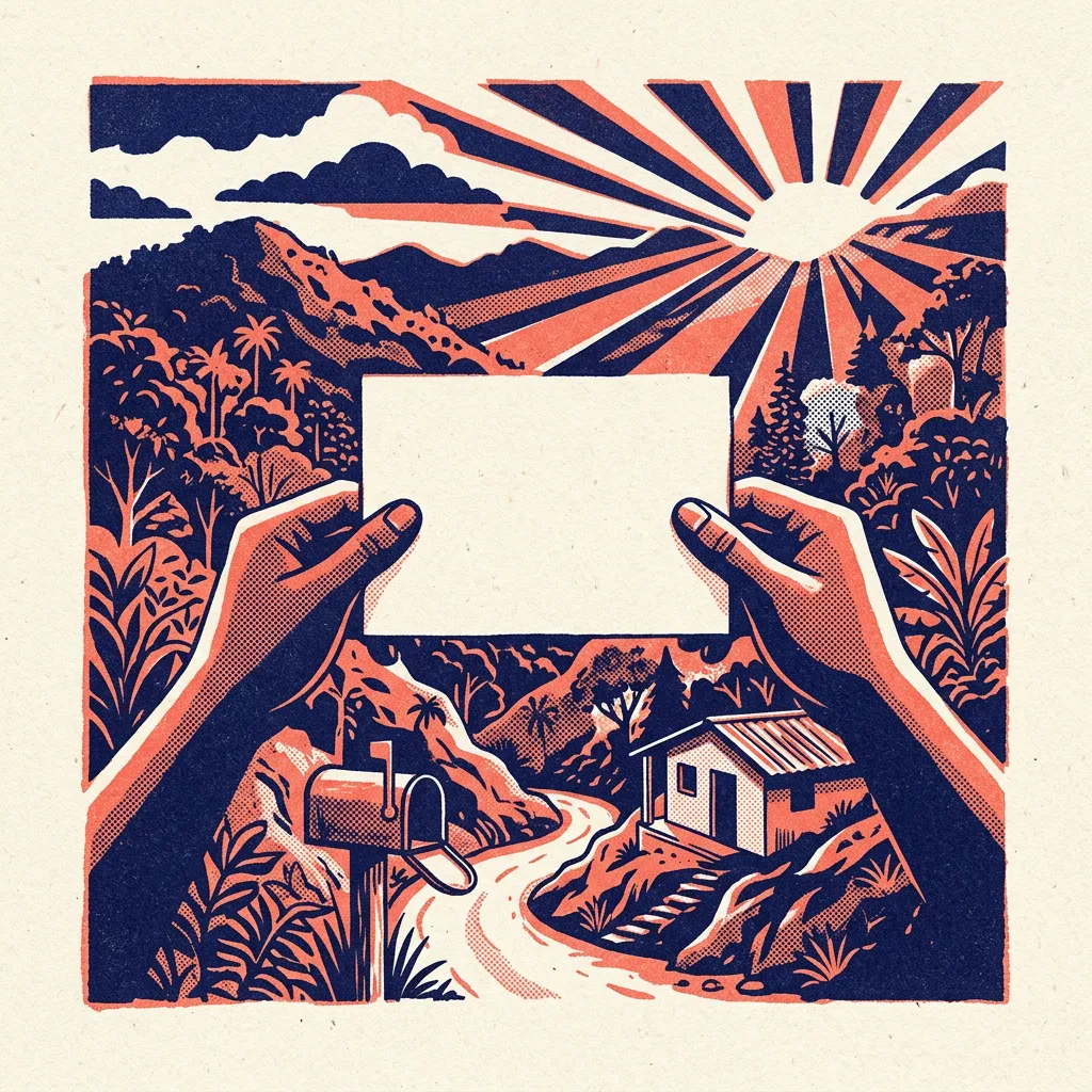 Ilustración: manos sostienen una tarjeta frente a las montañas de Puerto Rico.