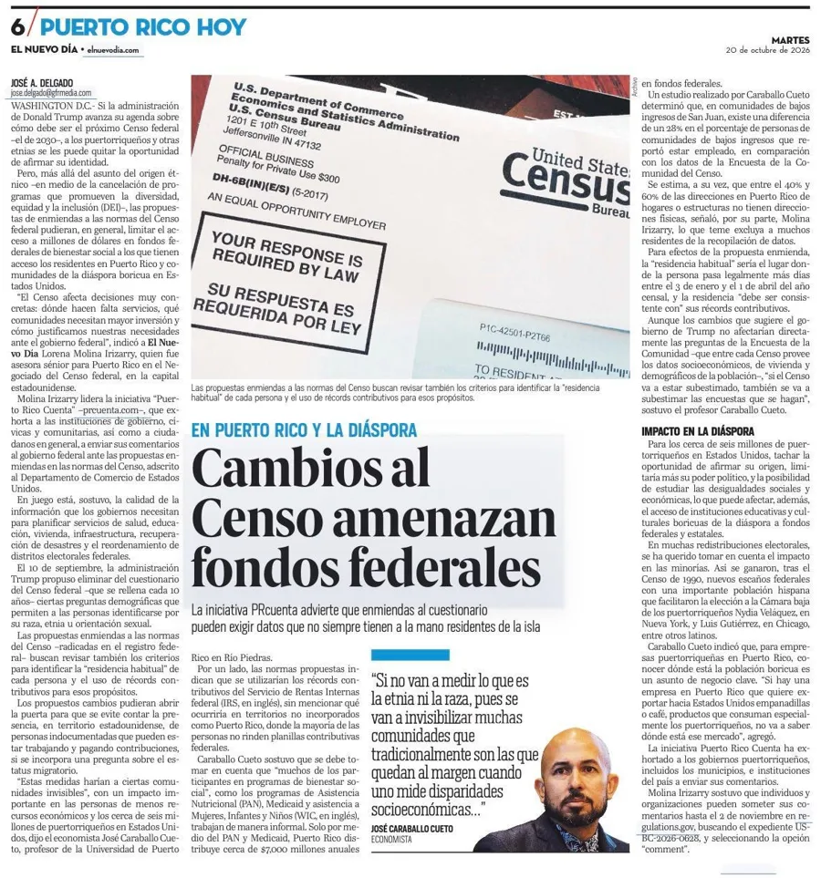 El Nuevo Día, página 6: Cambios al Censo amenazan fondos federales