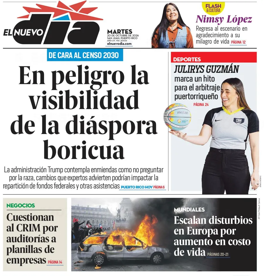 Portada de El Nuevo Día, 20 de octubre de 2026: En peligro la visibilidad de la diáspora boricua